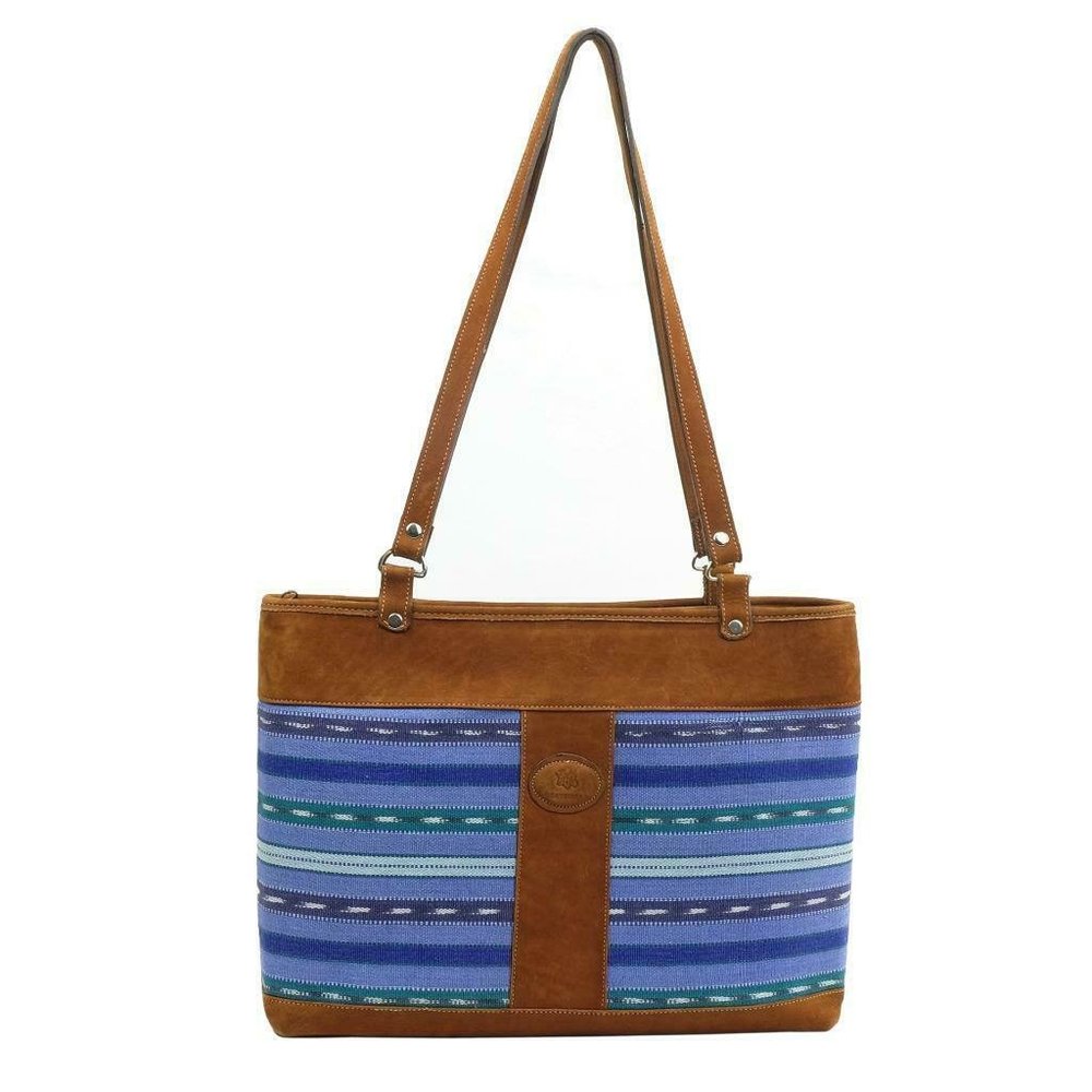 Handmade Shoulder Bag Purse Handbag Genuine Leather & Tribal Print Fabric Brown